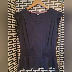 Tommy Hilfiger Navy V-Neck Blouse | Peplum Waist Top | Flutter Sleeve | Size M